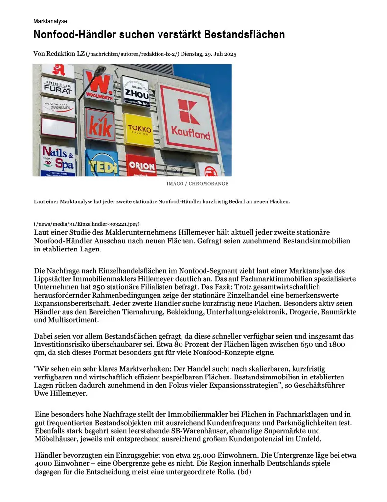 Ein Zeitungsartikel über Nonfood-Händler, die nach verstärkten Bestandsflächen suchen.