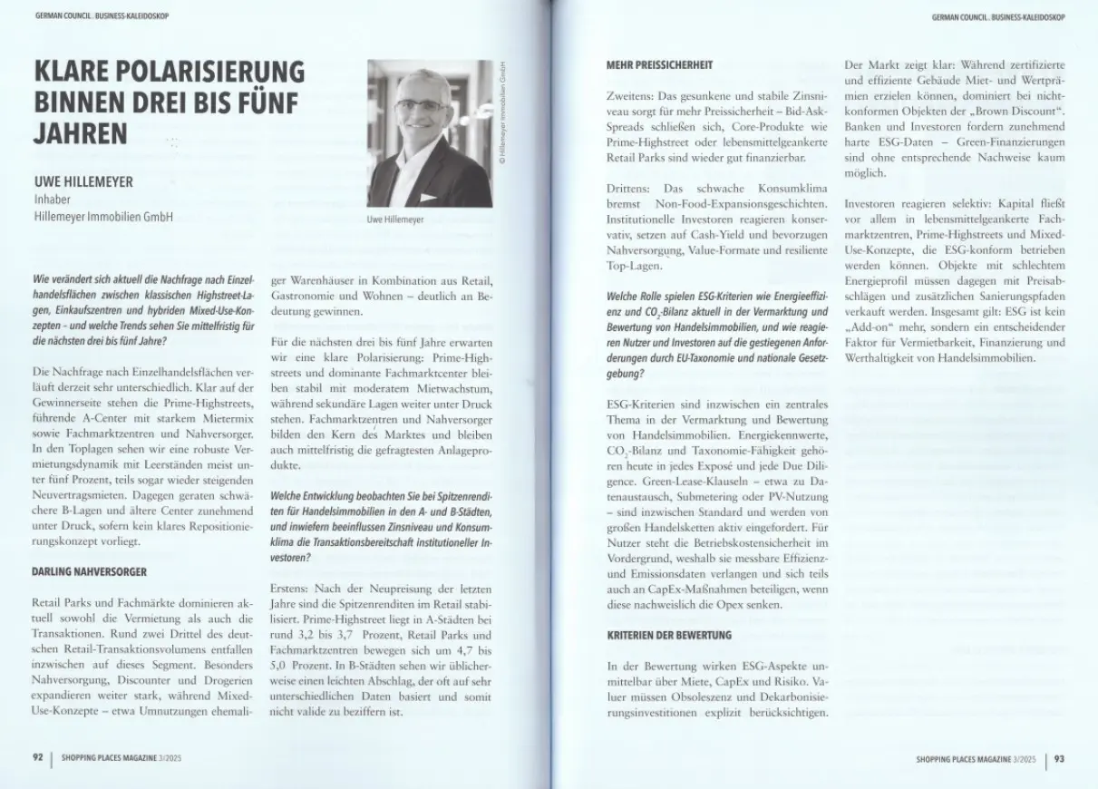 Ein Artikel über Einzelhandelsimmobilien mit dem Titel 'Klare Polarisierung binnen drei bis fünf Jahren'.