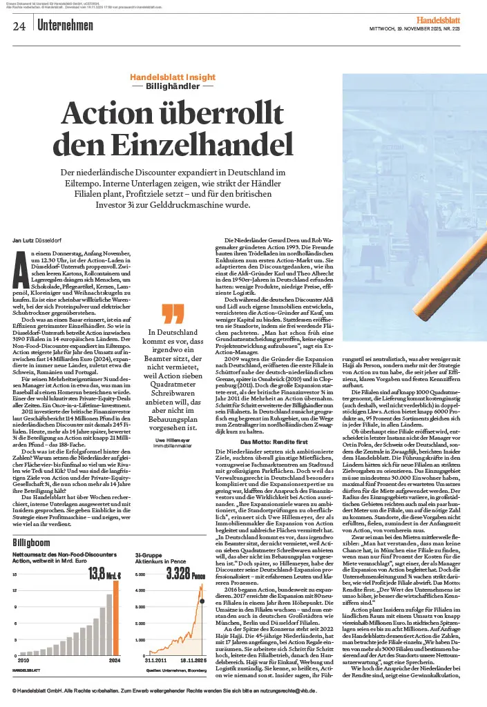 Artikel über den Einzelhandel mit dem Titel 'Action überrollt den Einzelhandel' aus der Handelsblatt-Ausgabe vom 15. November 2023.