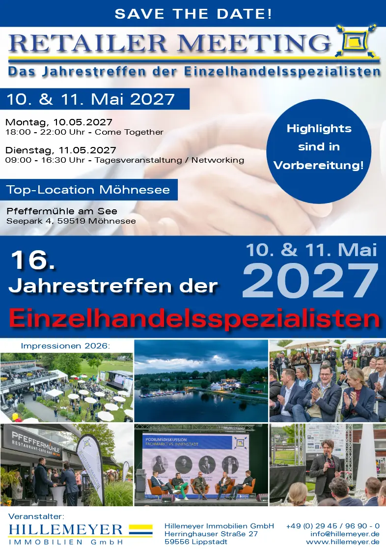 Blaues Save-the-Date-Plakat zum 16. Retailer Meeting am Möhnesee am 10. und 11. Mai 2027 mit Programmdaten und Veranstaltungsort Pfeffermühle.