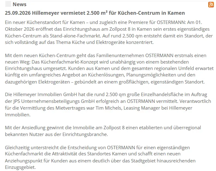 Der Bericht kündigt OSTERMANNs neues Küchen-Centrum in Kamen an; Hillemeyer vermittelte dafür rund 2.500 m² Einzelhandelsfläche.